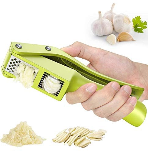 XHONG Garlic Press 2 in 1, Garlic Cutter Meat Grinder and Slicer, Press Garlic & Ginger Effortlessly (No Peeling Needed) - Extra Strong & Durable