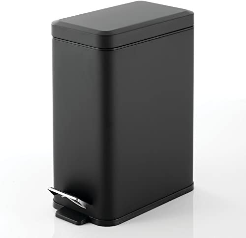 mDesign Pedal Bin — Waste Bin with Pedal, Lid and Plastic Bucket Insert for Bathroom, Kitchen, and Office — Metal Household Rubbish Bin with Ergonomic Design — Black