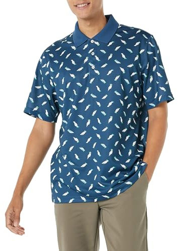Amazon Essentials Men's Golf Polo Shirt, Moisture-Wicking Quick Dry, Short Sleeve, Teal Blue Birds Print, S