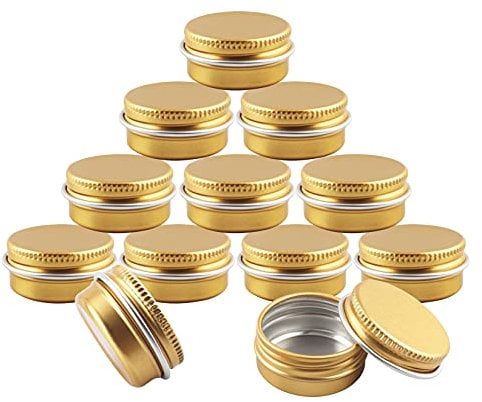 BasicPacking 24Pcs Empty Gold Round 10ml Aluminium Tin Container With EPE Lined Screw Lid Cosmetics Pots Jars with 24Pcs 25mm Labels for DIY Candle Cream Salve Storage