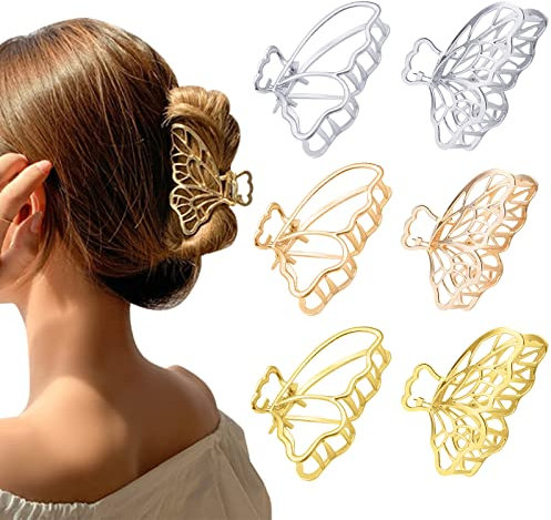 6 Stück Metall Haarklammern,Metall große Haarklammern,Große Krallen Clips Vintage Haar Accessoires,Schmetterling-Haarspangen,für Frauen und Mädchen-(6 Stück Goldenes Roségold Silber)