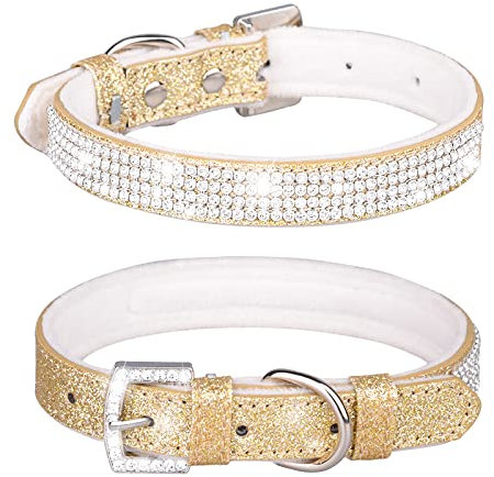 Haoyueer Hundehalsband aus Leder, schillernd, funkelnd, mit Strasssteinen, Kristall, Diamant, Haustier, Welpen, Halsband (S, Gold-1)