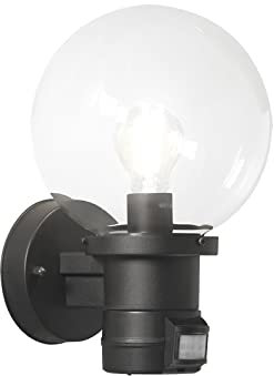 Moderne LED Außenwandleuchte mit Bewegungsmelder und großer Glas Kugel, Schwarz