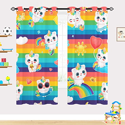 YUANZU Regenbogen Katze Vorhänge-Kinder Mädchen Einhorn Horn Druck Muster Öse Blackout Raum Verdunkelung Fenster Vorhänge für Schlafzimmer Spielzimmer 2 Platten W75cm x D166cm
