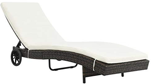 Gecheer Sonnenliege PolyRattan Sonnenliege Outdoor Gartenliege Liegestuhl Liege Freizeitliege Relaxliege Strandliege Gartenmöbel, mit Rollen und Auflage, Poly Rattan Braun