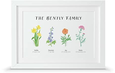 Personalised family birth flower gift print (A4-30x21cm, Print & Standard Frame)