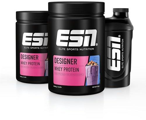 ESN Designer Whey Proteinpulver + Gratis Shaker, Blueberry Cheesecake, 2 x 908 g, bis zu 23 g Protein pro Portion, ideal zum Muskelaufbau und -erhalt, geprüfte Qualität - made in Germany