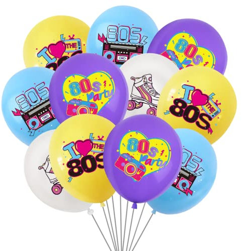 Luftballons 80er Jahre Party, 48 Stück 12 Zoll Latex Druck Ballon Bunt, Regenbogen Rollschuh Luftballons, Ballon Radio, Retro Party Deko für Disco Hip Hop Mottoparty Geburtstags Karneval