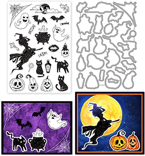 ORIGACH Halloween Themed Klare Stempel und Stanzformen Set für Kartenherstellung Halloween Hexe Kürbis Geist Silikonstempel Stanzschablonen Stanzen für DIY Scrapbooking Handwerk Grußkarte Dekor