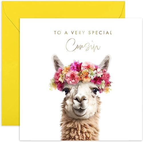 Old English Co. Lama Very Special Cousin Karte – Lama Floral Niedliche Geburtstagskarte für Sie – Niedliche Glückwunschkarten für Cousin von Familie Freunden | Innenseite blanko mit Umschlag