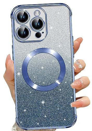 Phoona für iPhone 13 Pro Max Hülle, Magnetisch Handyhülle Kompatibel mit MagSafe, Keine Vergilbung, Kratzfeste, Ganzkörperschutz Glitzer Hülle für iPhone 13 Pro Max, Mit 2 Schutzfolie, Blau
