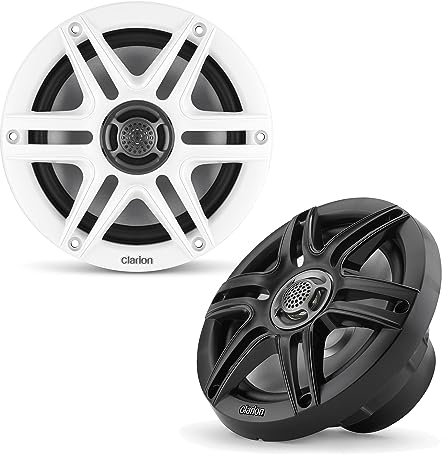 Clarion CMS-651-SWB - Altavoces marinos coaxiales de 6.5 pulgadas, 30 W RMS, manejo de potencia, tweeter de cúpula de polímero de 13 mm, incluye rejillas deportivas blancas y negras