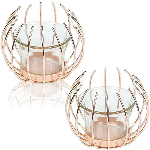 LUXURALS Zwei roségoldene Kerzenhalter für Teelichter aus Metall mit Glas Teelichthalter Glas Candle Holder