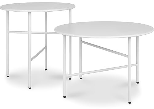 bomoe 2er Set Beistelltisch Outdoor Gartentisch Rund Kratzfeste Oberfläche - Stabiler Wohnzimmer Couchtisch Leicht In- & Outdoor Balkon Tisch Terrasse - Weiß Nachttisch Bett Schlafzimmer Finn