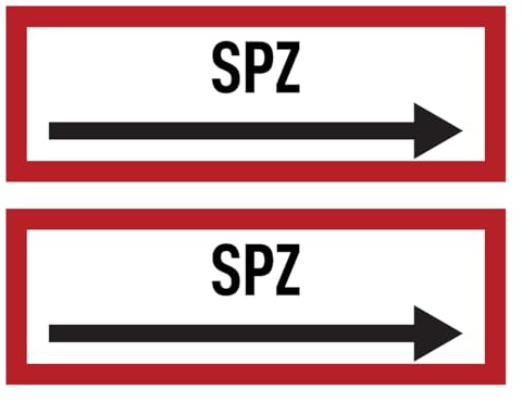 Aufkleber: 74x210 mm, 2 Stück - SPZ - Sprinklerzentrale - Hinweisschild auf Brandschutzeinrichtung und Einsatzhinweise - DIN 4066 - D2 mit Richtungspfeil rechts
