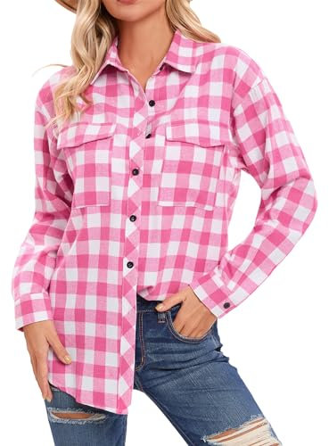 Timuspo Chemisier à carreaux pour femme - Manches longues - Pour la fête de la bière - Tunique décontractée - Col en V - En flanelle, blanc/rose, XXL