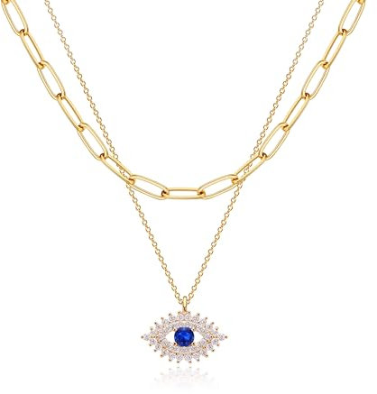 Jenosy Layered Damen Nazar Auge Kette Gold Personalisierte Böser Blick Zarte Halskette Mit Auge Anhänger Hypoallergene 18K Vergoldete Modeschmuck für Frauen und Mädchen