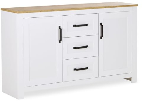 Homestyle4u 2497, Stilvolles Sideboard Kommode Weiß Eiche Landhausstil 150 cm breit mit 3 Schubladen Wohnzimmerschrank