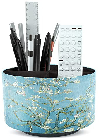 Czzmy Rotation range télécommande,Circulaire Support de télécommande en PU Cuir avec 4 Compartiments,Organisateur de bureau multifonction pour TV telecommande,Lunettes,Crayons(1-Fleur de pêche)