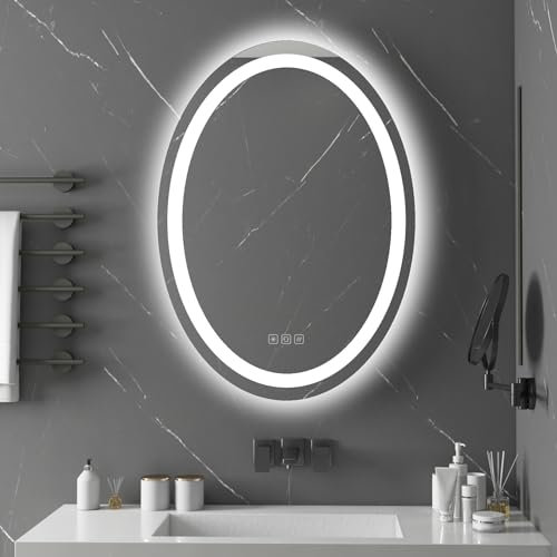 furduzz Ovaler LED-Badezimmerspiegel, 70x50 cm hinterleuchteter Eitelkeitsspiegel, Wandspiegel mit Lichtern, beleuchteter Make-up-Spiegel, Anti-Nebel, Memory-Funktion, Dimmbar