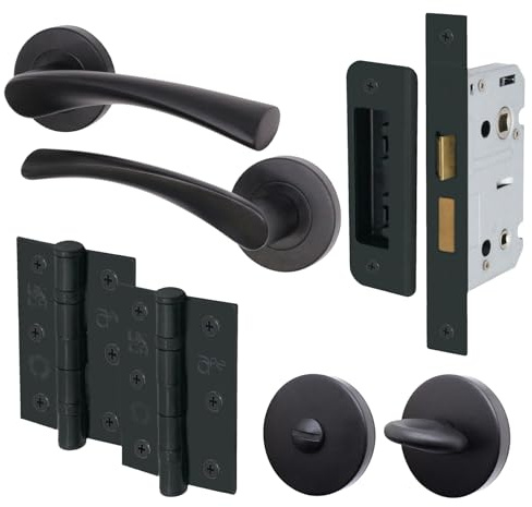EAI Black Bathroom Door Handle Set | Round Internal Door Handles, Thumb Turn & Release Set, Lock (80mm) & Hinges (76mm) | Matt Black Novoli Range