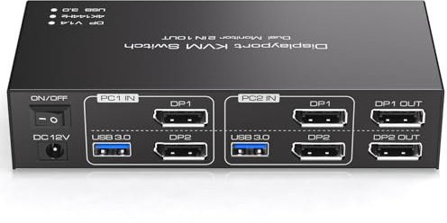 TJCXELE 4K144Hz Displayport KVM Switch 2 Monitors 2 Computers 8K USB 3.0 KVM Switch 2 Port for 2 Computers Share Dual Monitor and 4 USB 3.0 Devices Support Extended & Copy Mode With Desktop Controller
