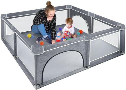 Kidsgigglz Laufstall Baby, 150x180cm Baby Laufstall, Baby laufgitter 300D Oxford Gewebe Laufgitter Baby Playpen Kinderzaun, Stabile Baby Gitter Laufstall mit Weichem Atmungsaktivem Netz, Grau