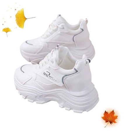 POIOZXD Modische klobige Damen-Sneaker, trendige Sportschuhe mit Keilabsatz, Netz-Plattform, Schnürung, Väter, bequem, lässig, Walking-Sportschuhe (weiß, 36 EU)