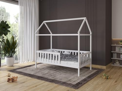 Love For Sleep Babybett Beistellbett 160x80cm Bett in Form eines Hauses, Kinderbettgestell, gemütliches Kinderbett Weiß JUNBED Bett für Mädchen oder Jungen Kinderbett Babybett