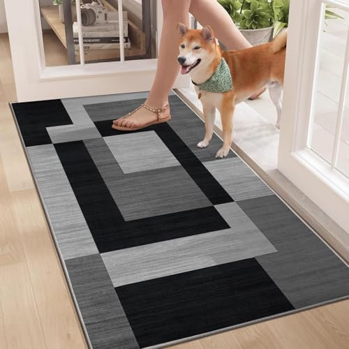 BedLooms Door Mat Indoor Outdoor 80x150 cm – Non Slip Heavy Duty muddy mats for dogs UK – Trendy Print Welcome Front Doormat – Dirt Trapper Kitchen Floor Mat Inside Outside Doormats, Milo Black & Grey
