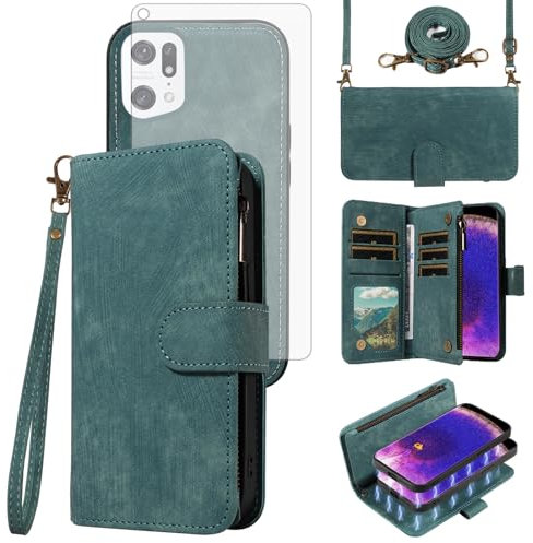 Asuwish Phone Case for OPPO Reno 7 5G/Find X5 Lite Zipper Wallet Detachable Magnetic Cover with Tempered Glass Screen Protector Crossbody Lanyard Strap Flip Card Holder Slot Reno7/X5Lite Women Blue