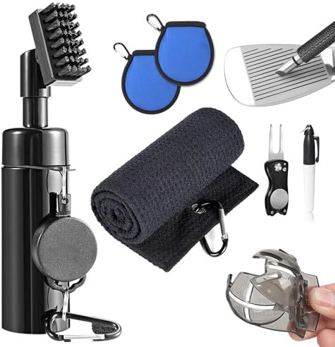Homvvi Golf Club Cleaning Kit - Golf Club Cleaner Brush, Golf Towel, Golf Ball Cleaner Pocket Pouch, Line Marker Stencil with Pen, Divot Repair Tool, Groove Sharpener, 8-Piece Golf Accessories Set