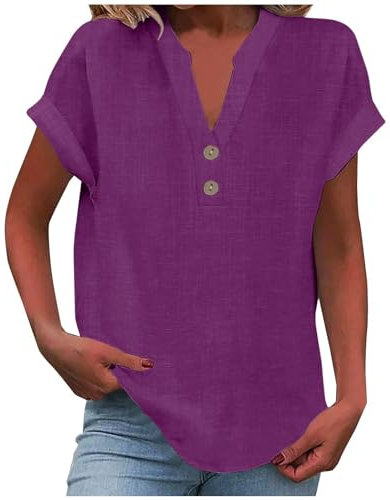 Ladies t Shirts, My Orders, Ladies Tops 2025 Women's Summer Cotton Linen Cap Sleeve T-Shirt Button V Neck Tunic Top Fashion Baggy Solid Plain Casual Shirts Trendy Blouse Dark Purple