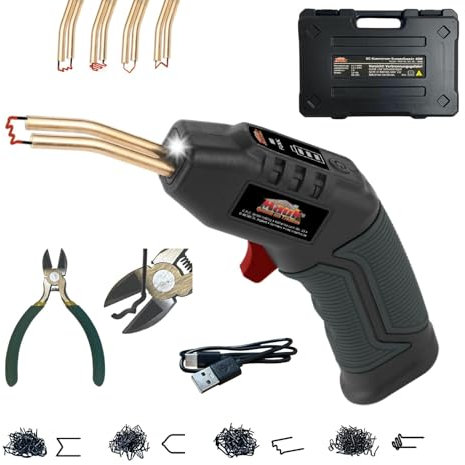 MAUK® Akku Kunststoff Plastik Schweißgerät 40W | 4000 mAh Lithium-Ionen | KFZ Stoßstange Auto Karosserie Reparaturset mit 200 Klammern Nägel, Metallzange & Koffer
