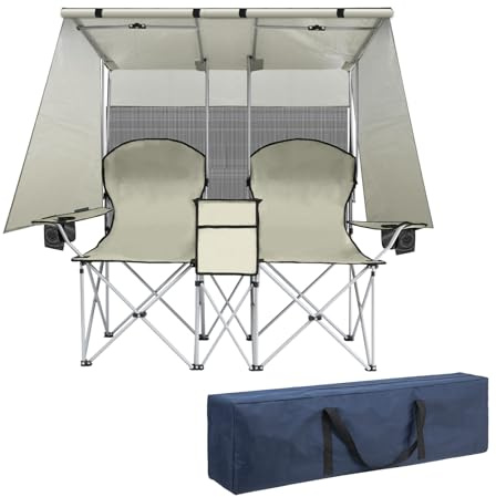 ptlsy Double Camping Chair with Canopy, Folding Two-Person Seat, Portable Outdoor Loveseat with Shade, Portable Chairs for Beach, Lawn, and Outdoor Activities (White)