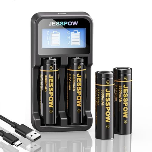 3300mAh High Drain 3.7 V 18650 Rechargeable Battery Flat top with Charger, Long Lasting Batteries for Flashlight, Camera, Small Fan, Outdoor Garden Lights (4 Pack)