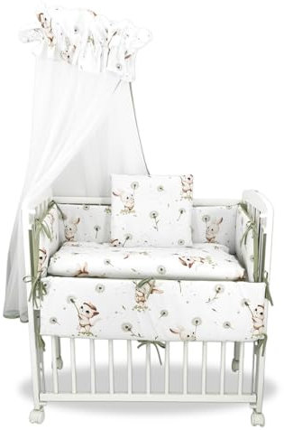 Beistellbett Babybett-Set mit Himmel, Hasen-Pusteblumen-Design, Weiß und Salbeigrün, 6-teilig (Salbeigrün)