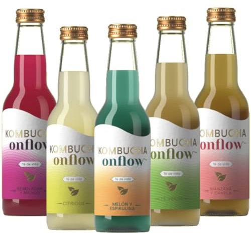 Kombucha Natural Onflow, Té Kombucha Sin Azúcar, Sabores: Jenjibre-Limón, Té Verde, Mango-Remolacha, Fruta de la Pasión, Cereza, Melón-Espirulina, Manzana-Canela, Pack 7 Botellas x 33cl