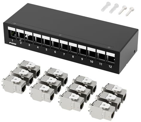 FGB 10 Gbps 12 Port CAT7 Patchpanel mit 12x CAT.7 RJ45 Keystone Jack Modul, STP Patchpanel Verteilerfeld für Netzwerk LAN DSL, Kompatibel CAT6 CAT6a CAT7 CAT8 Verlegekabel Netzwerkkabel