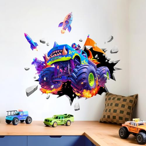 Supzone Wandtattoo 3D Rennwagen Wandaufkleber Schneller Lastkraftwagen Wandsticker Kinderzimmer Junge Babyzimmer Schlafzimmer Wanddeko