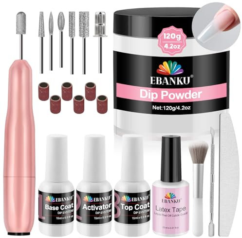 120g Klares Dip-Nagelpulver Starter Kit mit Bohrer, EBANKU Acrylpulver große Kapazität Profi mit Essentials Flüssigset Basis Oben Aktivator für French Nail Acryl Verlängerung
