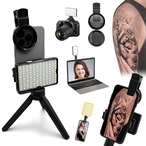 TONBAO 120 LED Tattoo Licht Kit mit 52mm CPL Filter & Doppelklemmen, Reflexreduzierende Beleuchtung für Tattoo-Fotografie und Videos, Perfekt für TikTok & YouTube Content mit Handy, Tablet, Kamera
