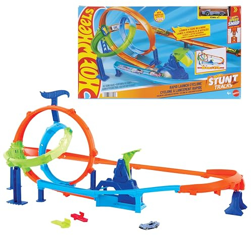 Hot Wheels Toy Car Track Set, Stunt Tracks Rapid Cyclone Playset with 1:64 Scale Die-Cast Vehicle, 2 Loops & 2 Crash Zones, Speed Snap Track, JHK73