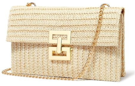 Straw Clutch Purses, Summer Beach Straw Clutch Handbag, Tote Bag Woven Envelope for Women Boho Style Wallet, Chain Shoulder Crossbody Bag, Evening Handbag for Wedding Party (Khaki)