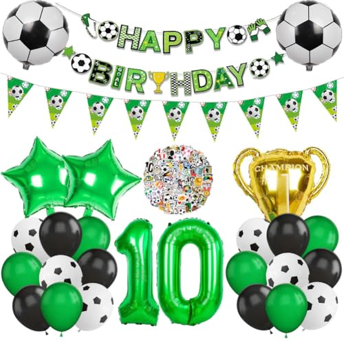 Fußball Luftballon 10. Geburtstag Deko Set, Football Luftballon Folienballon, Zahlen 10 Grün Folienballon, Fussball Banner & Stickers für Kinder Junge 10 Jahre Birthday Party Dekorationen