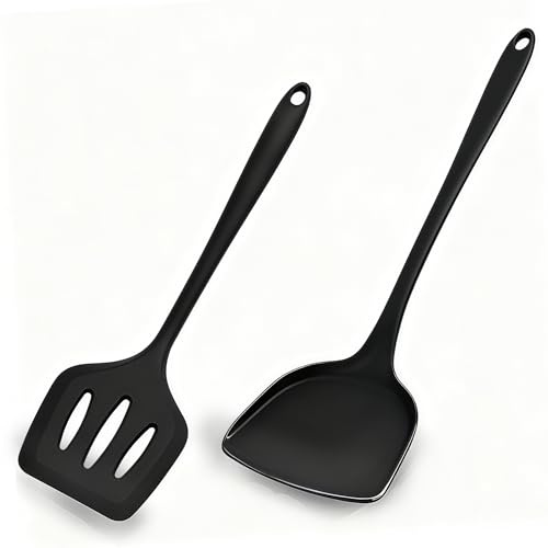 2 PCS Silicone Spatula Set, High Heat Resistant BPA-Free Spatulas for Cooking with Stainless Steel Handles Coated in Silicone, Cooking Spatula and Fish Slice for Baking, Mixing, Scraping, Egg Spatulaa