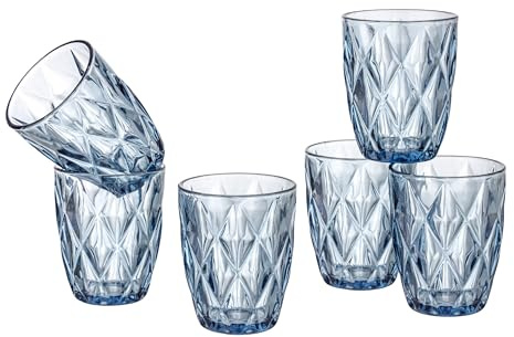 Baroni Home Set 6 pz Bicchieri Diamante in Vetro Colorati e Decorati con Rombo in Rilievo 30 CL, Bicchieri Acqua Eleganti Lavabili in Lavastoviglie, 8x8x10 cm Blu