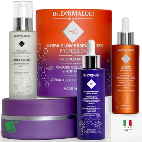 Dr. Dermaluci Lab TRIO Cadeau Routine BIO Anti-Âge - Repulpe, Renouvelle, Hydrate, Illumine - Sérum Vitamine C + Crème Collagène + Sérum Rétinol - AIAB, Nickel Tested, Made in Italy - 300ml