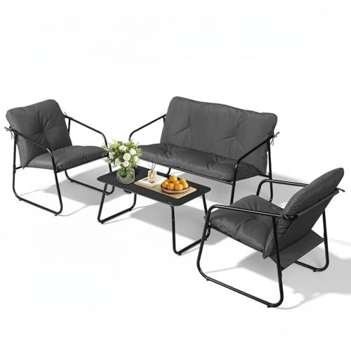 Bonnlo Gartenmöbel Set 4 teilig, Balkonmöbel Set mit für 4 Personen (3 Stühle und 1 kleinen Tisch), Terrassenmöbel für Veranda, Garten, Poolbereich, Balkon oder Hinterhof, Grau