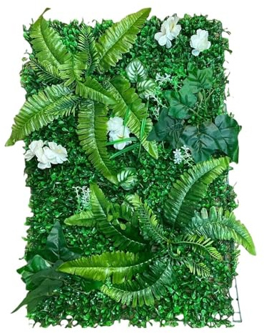 Zymjzbetic Kunstrasen-Wandpaneele UV-beständige Kunstpflanzen-Blumenwand, Kunstgrün-Hintergrund mit Blumeneinstreuung, Blumen- und Grashaut 40 * 60cm(White Flower Grass)
